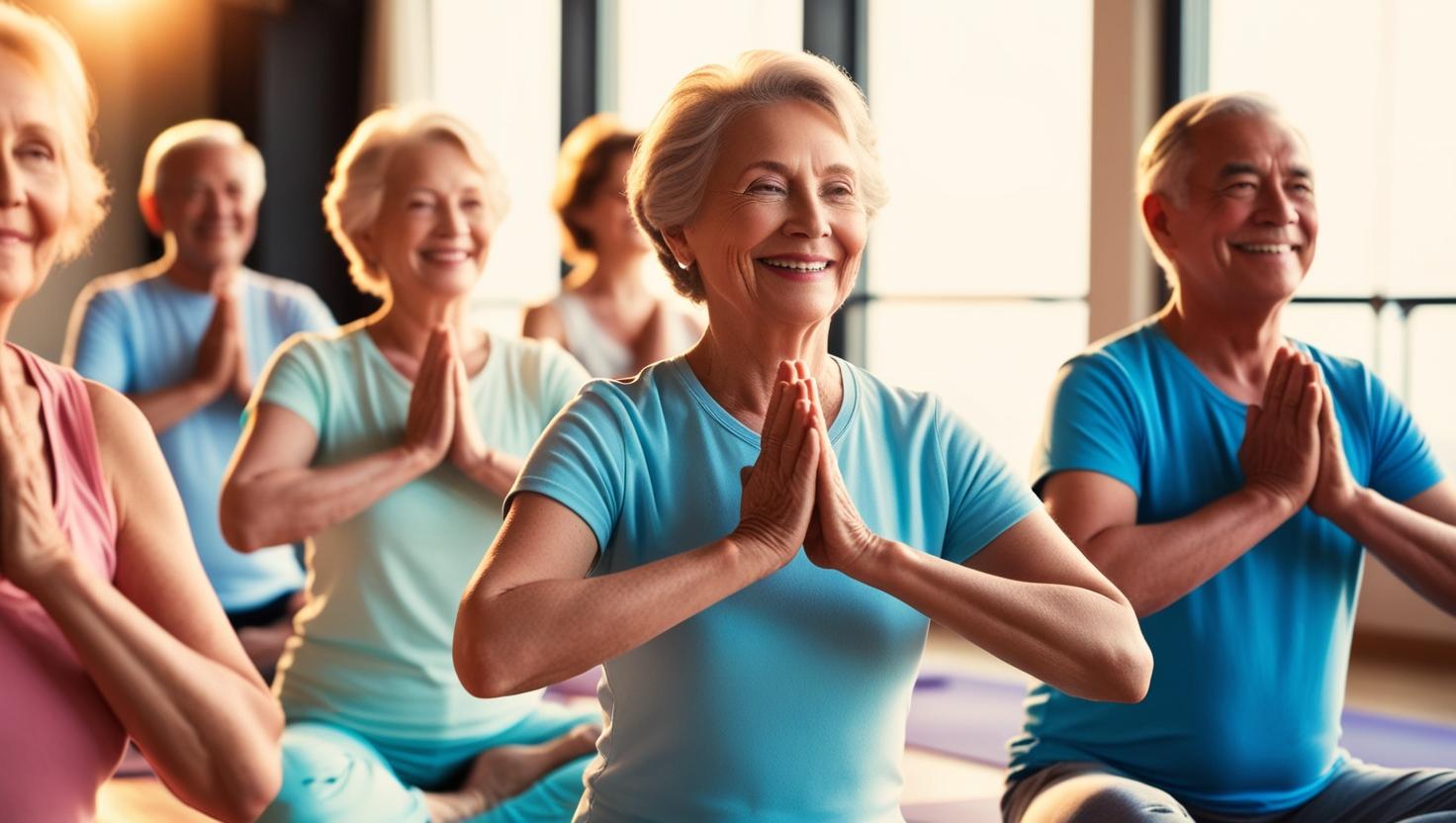 Senior adults practicing gentle yoga poses in a class